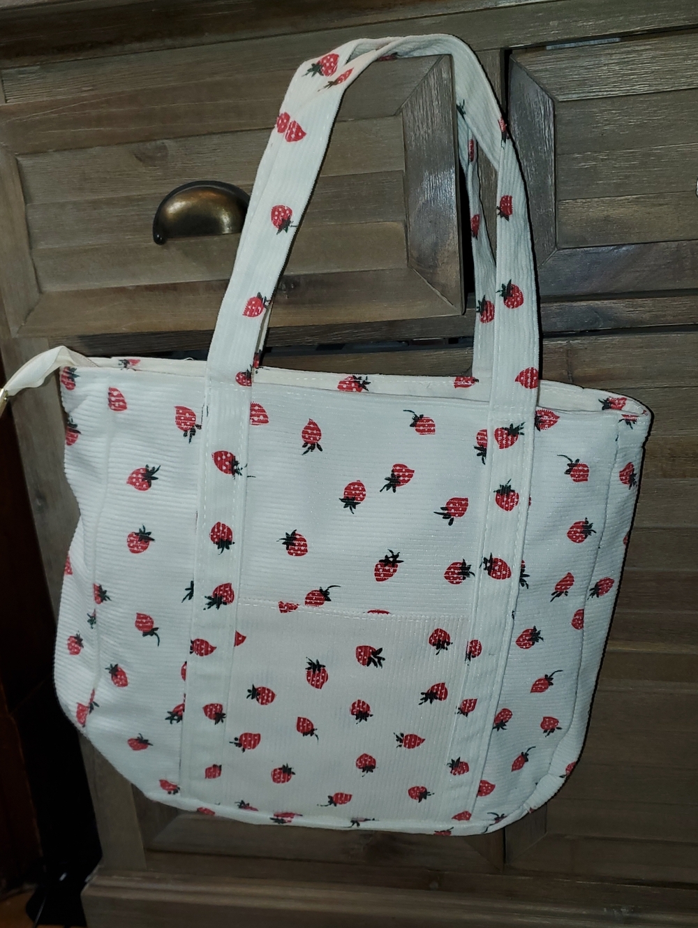 Strawberry Print White Corduroy Tote Bag